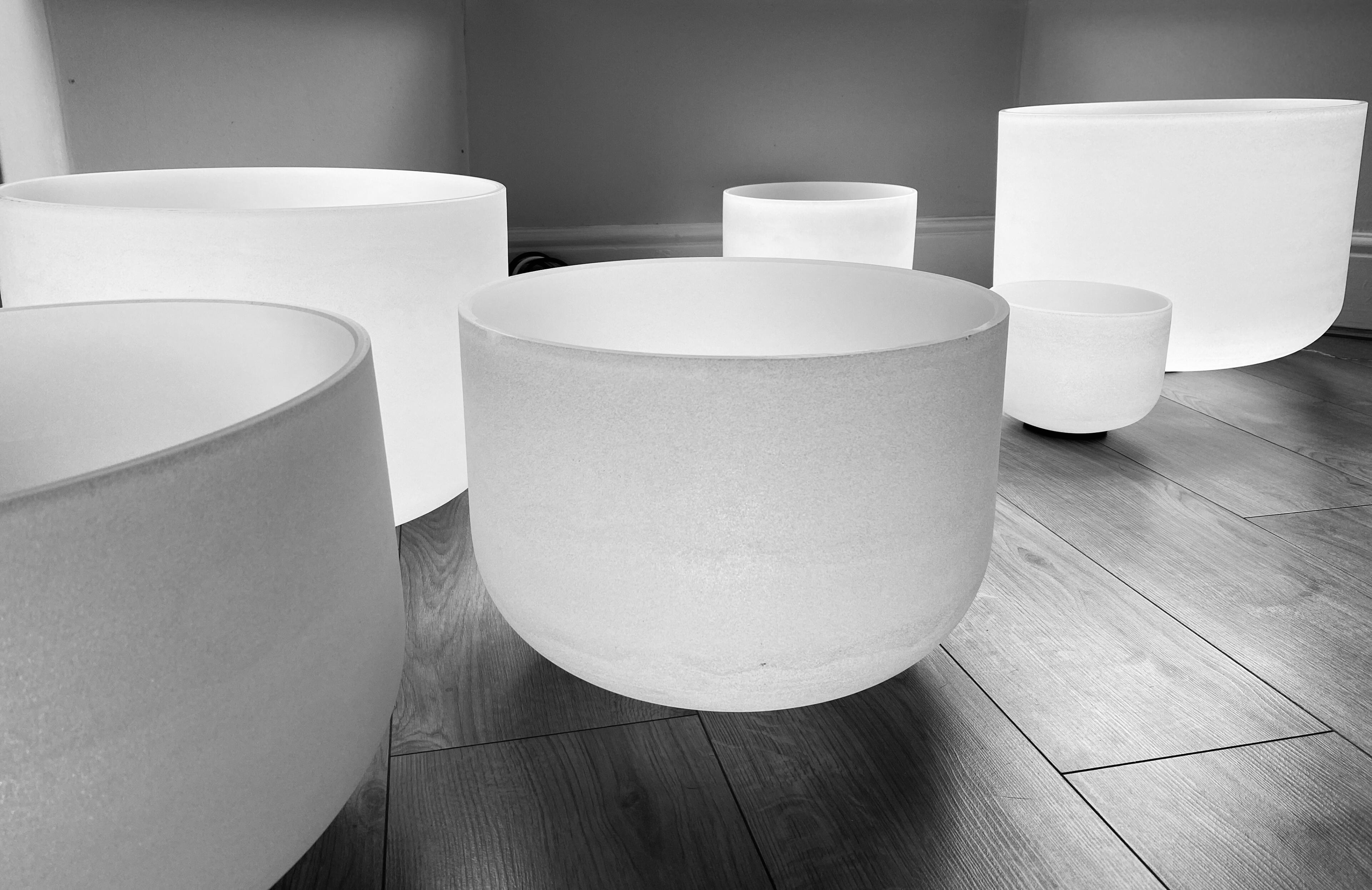 Showing six of our fourteen frosted quartz crystal chalices. Photo: Rupert