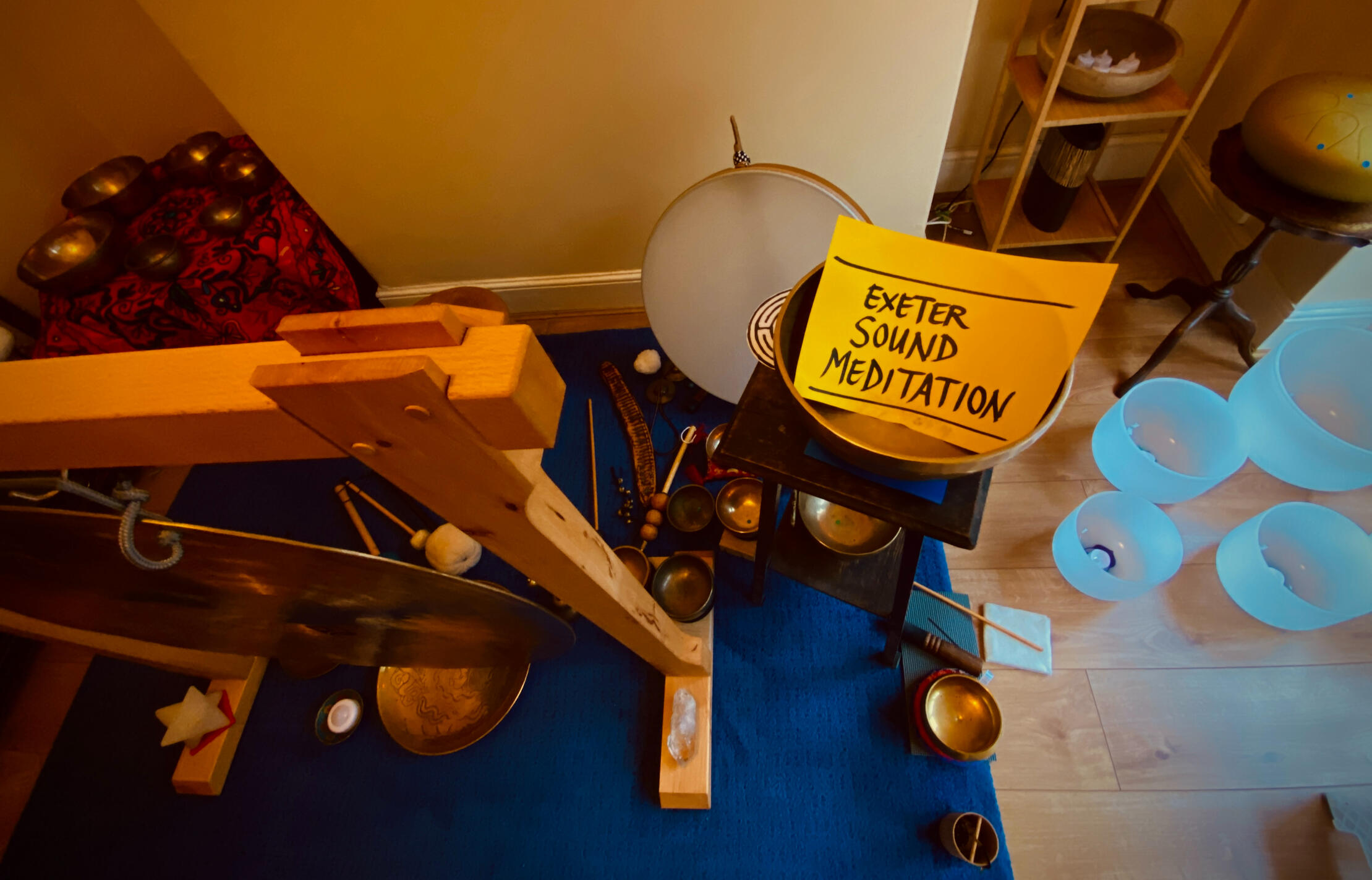 My station set up, gong, sound bowls, frame drum, frosted quartz crystal bowls. Photo: Rupert Showing elements of our sound session instruments including frosted quartz crystal chalices. Photo: Rupert